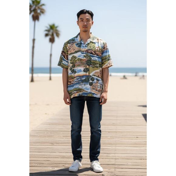 REYN SPOONER Laguna Beach Men's California Landmarks Aloha Hawaiian Shirt | M - Picture 1 of 16